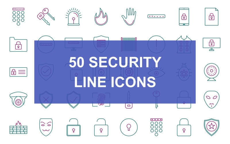 Download Набор иконок "50 Security Line Two Color Icon Set" / 50 Security Line Two Color Icon Set - Набор иконок на тему security passcode lock,secure server,bug fixing,hacker mask,umbrella,no entry sign,identity card,fingerprint lock,keys,siren,fire,hand,enter passcode,secure device,secure document,secure folder,passwo