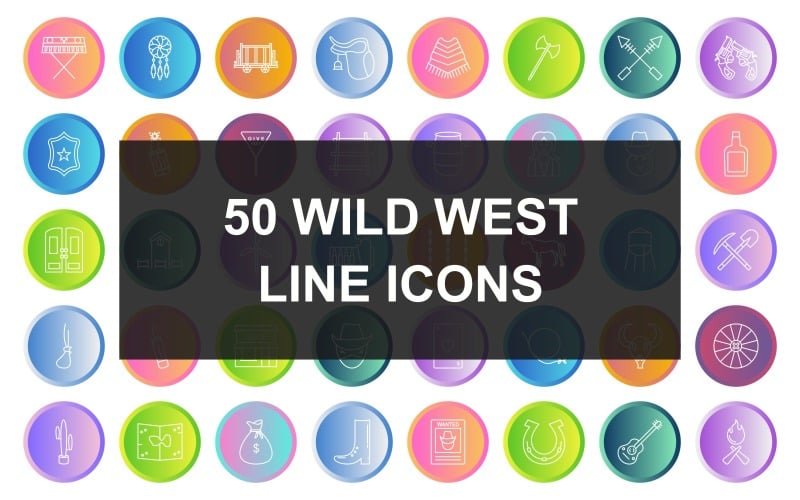 50 Wild West Line degradado conjunto de iconos redondos