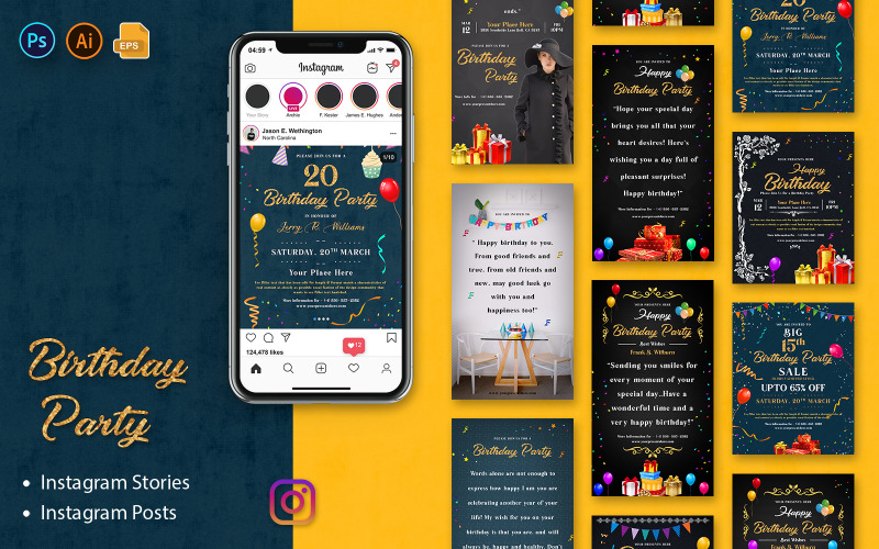Download Шаблон для соцсетей "Birthday Party   Posts Social Media Template" / Birthday Party   Posts Social Media Template - Шаблон для соцсетей на тему графика social,media,banner,instagram,posts,stories,socialmedia,feed,story,banners,birthday,party,celebration,happy,event
