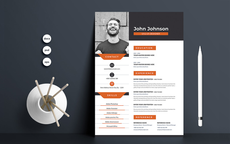 Download Резюме "John Johnson Resume Template" / John Johnson Resume Template - Резюме на тему графика 1 page resume,2 page resume,a4,blue,clean resume,clean,cover letter,creative,cv template,cv,design,document,infographic,microsoft word,minimalist,modern resume,modern,photoshop,portfolio,prof
