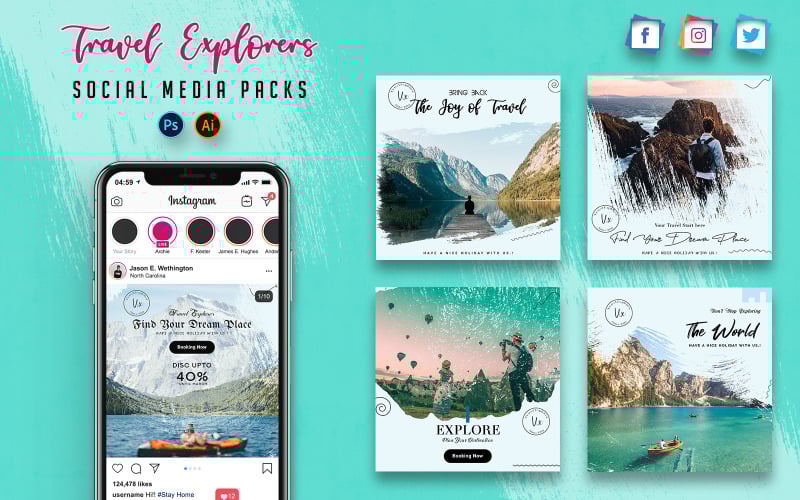 Download Шаблон для соцсетей "Travel Explorers   Packs Social Media Template" / Travel Explorers   Packs Social Media Template - Шаблон для соцсетей на тему графика travel,adventure,wanderer,social,media,pack,post,instagram,twitter,facebook,story,cover,instagrampost,instagramstory,template