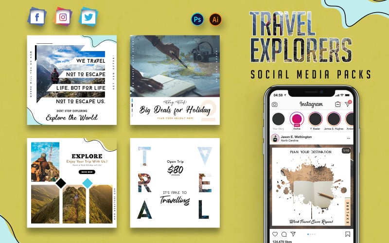Download Шаблон для соцсетей "Travel Explorers  Packs Social Media Template" / Travel Explorers  Packs Social Media Template - Шаблон для соцсетей на тему графика travel,adventure,wanderer,social,media,pack,post,instagram,twitter,facebook,story,cover,instagrampost,instagramstory,template