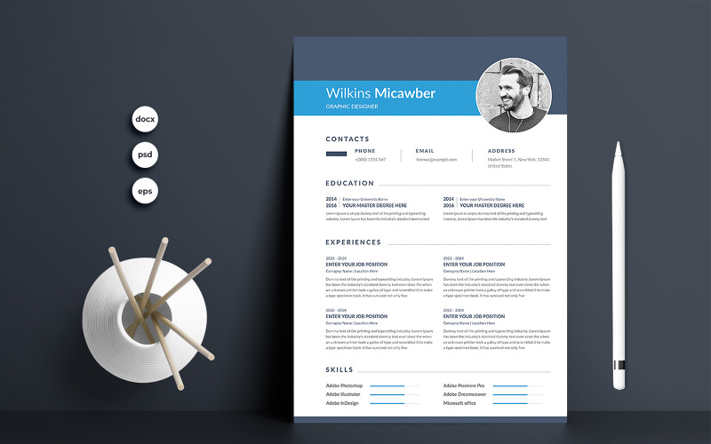 Download Резюме "Wilkins Micawber Clean Resume Template" / Wilkins Micawber Clean Resume Template - Резюме на тему графика 1 page resume,2 page resume,a4,blue,clean resume,clean,cover letter,creative,cv template,cv,design,document,infographic,microsoft word,minimalist,modern resume,modern,photoshop,portfolio,prof