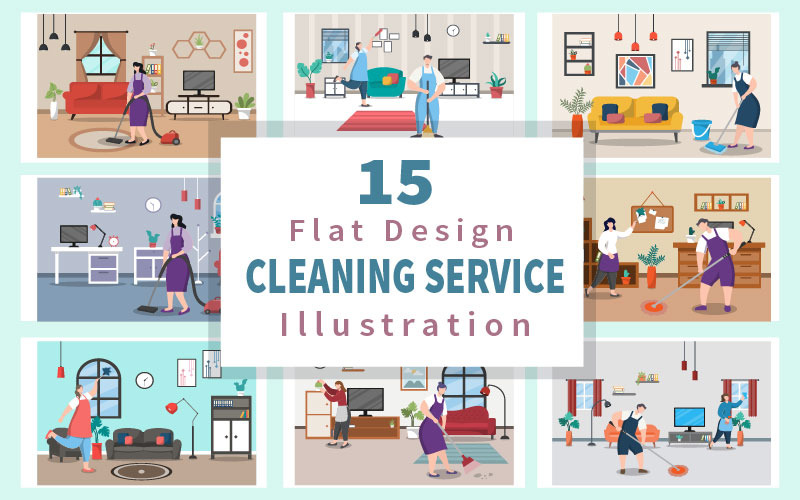 15 Diseño plano del servicio de limpieza del hogar - Ilustración