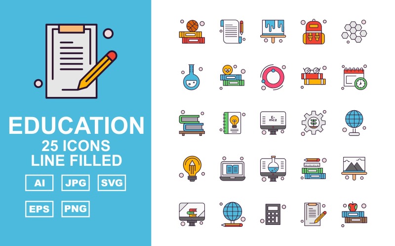 Ensemble d'icônes rempli de 25 lignes d'éducation Premium