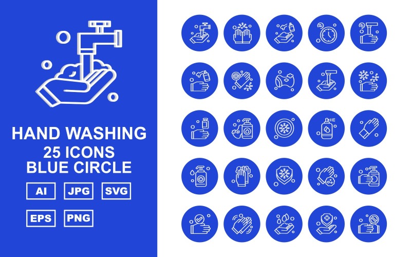 25 iconos de círculo azul de lavado de manos premium