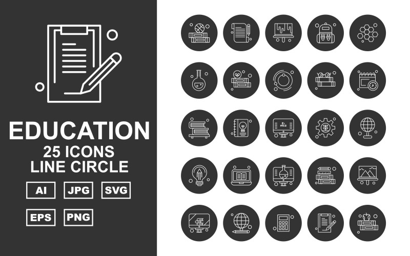 25 iconos de círculo de línea de educación premium