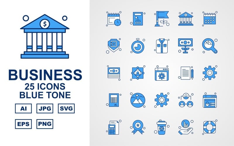 Download Набор иконок "25 Premium Business Blue Tone Icon Set" / 25 Premium Business Blue Tone Icon Set - Набор иконок на тему business calendar,user,leader,website,award,coffee,graph,target,server,flag,bank,shield,stopwatch,shirt,dollar,magnifying glass,document,setting,book,mountain