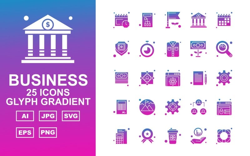 Download Набор иконок "25 Premium Business Glyph Gradient Icon Set" / 25 Premium Business Glyph Gradient Icon Set - Набор иконок на тему business calendar,user,leader,website,award,coffee,graph,target,server,flag,bank,shield,stopwatch,shirt,dollar,magnifying glass,document,setting,book,mountain