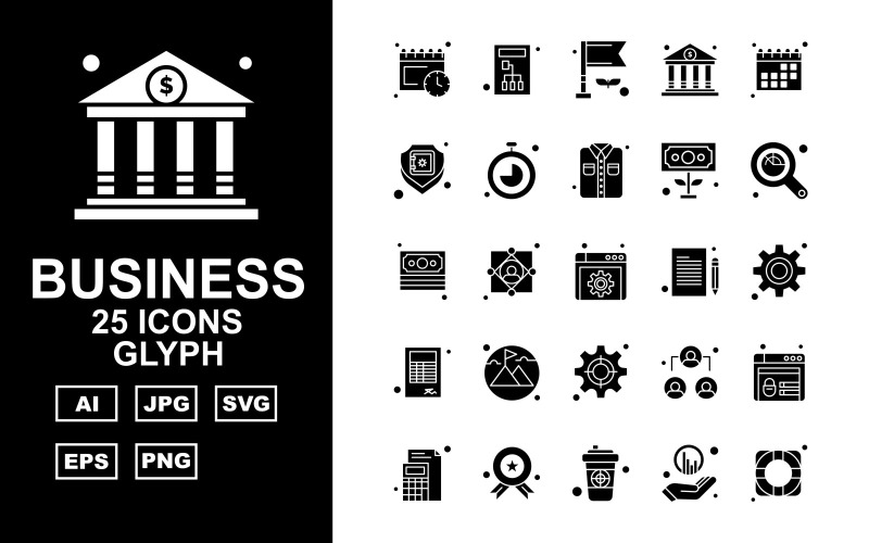 Download Набор иконок "25 Premium Business Glyph Icon Set" / 25 Premium Business Glyph Icon Set - Набор иконок на тему business calendar,user,leader,website,award,coffee,graph,target,server,flag,bank,shield,stopwatch,shirt,dollar,magnifying glass,document,setting,book,mountain