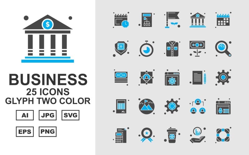 Download Набор иконок "25 Premium Business Glyph Two Color Iconset" / 25 Premium Business Glyph Two Color Iconset - Набор иконок на тему business calendar,user,leader,website,award,coffee,graph,target,server,flag,bank,shield,stopwatch,shirt,dollar,magnifying glass,document,setting,book,mountain