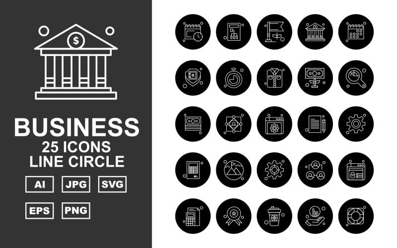 Download Набор иконок "25 Premium Business Line Circle Icon Set" / 25 Premium Business Line Circle Icon Set - Набор иконок на тему business calendar,user,leader,website,award,coffee,graph,target,server,flag,bank,shield,stopwatch,shirt,dollar,magnifying glass,document,setting,book,mountain