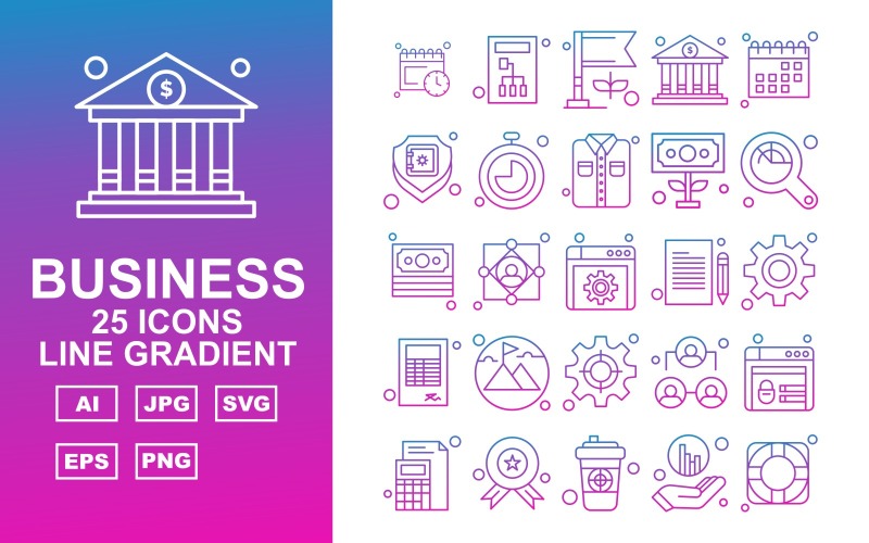 Download Набор иконок "25 Premium Business Line Gradient Icon Set" / 25 Premium Business Line Gradient Icon Set - Набор иконок на тему business calendar,user,leader,website,award,coffee,graph,target,server,flag,bank,shield,stopwatch,shirt,dollar,magnifying glass,document,setting,book,mountain