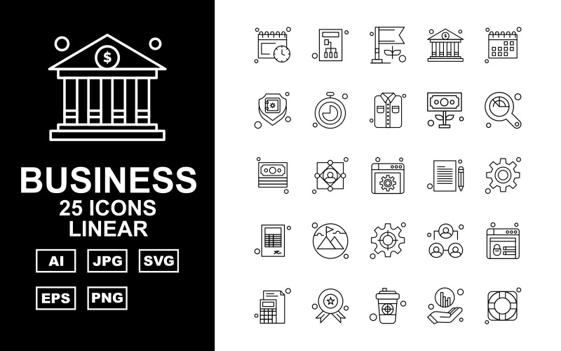 Download Набор иконок "25 Premium Business Linear Icon Set" / 25 Premium Business Linear Icon Set - Набор иконок на тему business calendar,user,leader,website,award,coffee,graph,target,server,flag,bank,shield,stopwatch,shirt,dollar,magnifying glass,document,setting,book,mountain