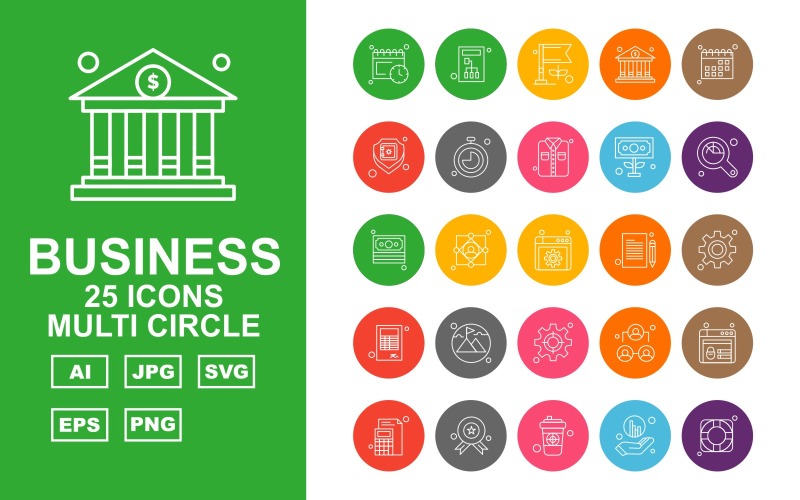 Download Набор иконок "25 Premium Business Multi Circle Iconset" / 25 Premium Business Multi Circle Iconset - Набор иконок на тему business calendar,user,leader,website,award,coffee,graph,target,server,flag,bank,shield,stopwatch,shirt,dollar,magnifying glass,document,setting,book,mountain