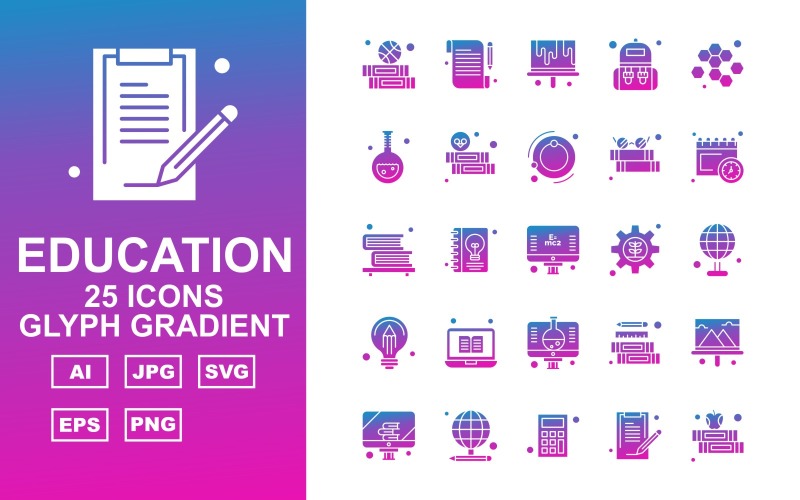 Download Набор иконок "25 Premium Education Glyph Gradient Iconset" / 25 Premium Education Glyph Gradient Iconset - Набор иконок на тему science education,study,school,pencil,ruler,chart,presentation,lcd,calculator,math,document,note,report,bag,student,blood,cells,hematology,ecology,reading