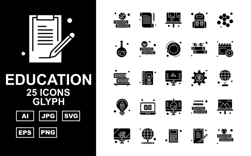 Download Набор иконок "25 Premium Education Glyph Iconset" / 25 Premium Education Glyph Iconset - Набор иконок на тему science education,study,school,pencil,ruler,chart,presentation,lcd,calculator,math,document,note,report,bag,student,blood,cells,hematology,ecology,reading