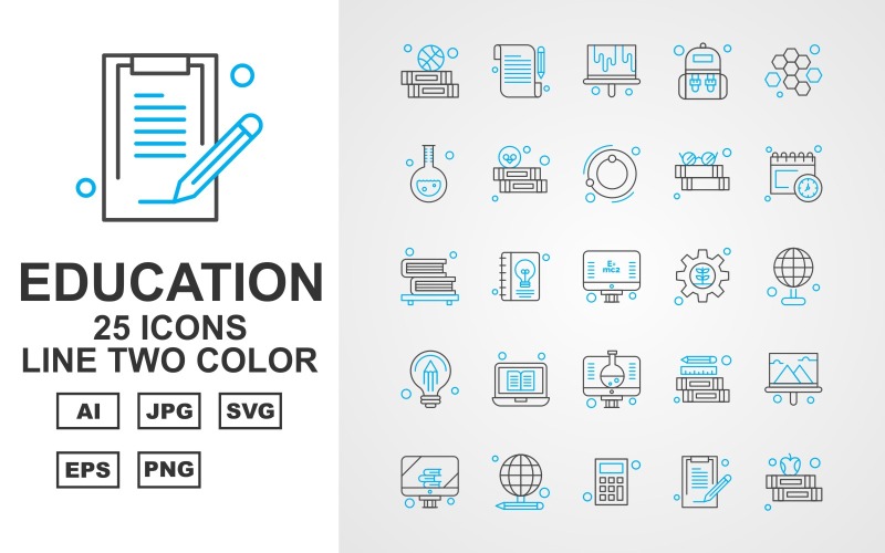 Download Набор иконок "25 Premium Education Line Two Color Iconset" / 25 Premium Education Line Two Color Iconset - Набор иконок на тему science education,study,school,pencil,ruler,chart,presentation,lcd,calculator,math,document,note,report,bag,student,blood,cells,hematology,ecology,reading