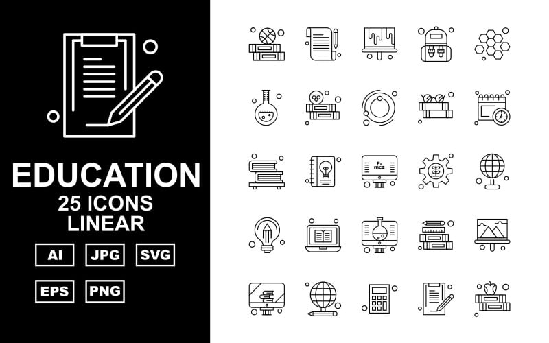 Download Набор иконок "25 Premium Education Linear Iconset" / 25 Premium Education Linear Iconset - Набор иконок на тему science education,study,school,pencil,ruler,chart,presentation,lcd,calculator,math,document,note,report,bag,student,blood,cells,hematology,ecology,reading