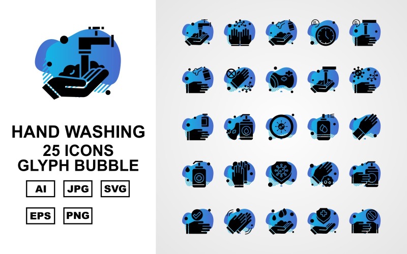 Download Набор иконок "25 Premium Hand Washing Glyph Bubble Iconset" / 25 Premium Hand Washing Glyph Bubble Iconset - Набор иконок на тему industrial washing,clean,sponge,hand washing,gloves,shield,handshake,cleaning,clock,industrial,soap,sanitizer spray,virus,spray,icon,icons