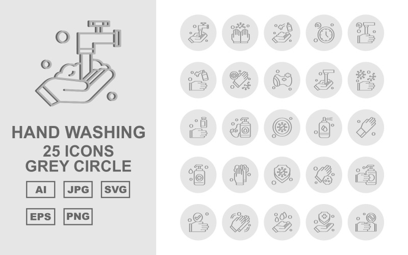Download Набор иконок "25 Premium Hand Washing Grey Circle Iconset" / 25 Premium Hand Washing Grey Circle Iconset - Набор иконок на тему industrial washing,clean,sponge,hand washing,gloves,shield,handshake,cleaning,clock,industrial,soap,sanitizer spray,virus,spray,icon,icons