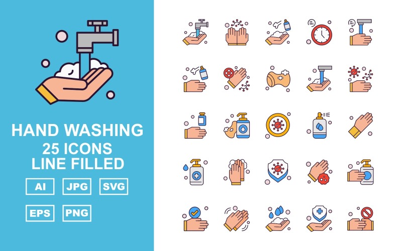 Download Набор иконок "25 Premium Hand Washing Line Filled Iconset" / 25 Premium Hand Washing Line Filled Iconset - Набор иконок на тему industrial washing,clean,sponge,hand washing,gloves,shield,handshake,cleaning,clock,industrial,soap,sanitizer spray,virus,spray,icon,icons