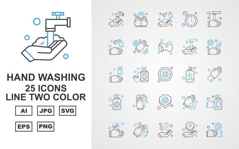 Download Набор иконок "25 Premium Hand Washing Line Two Color Icon Set" / 25 Premium Hand Washing Line Two Color Icon Set - Набор иконок на тему industrial washing,clean,sponge,hand washing,gloves,shield,handshake,cleaning,clock,industrial,soap,sanitizer spray,virus,spray,icon,icons