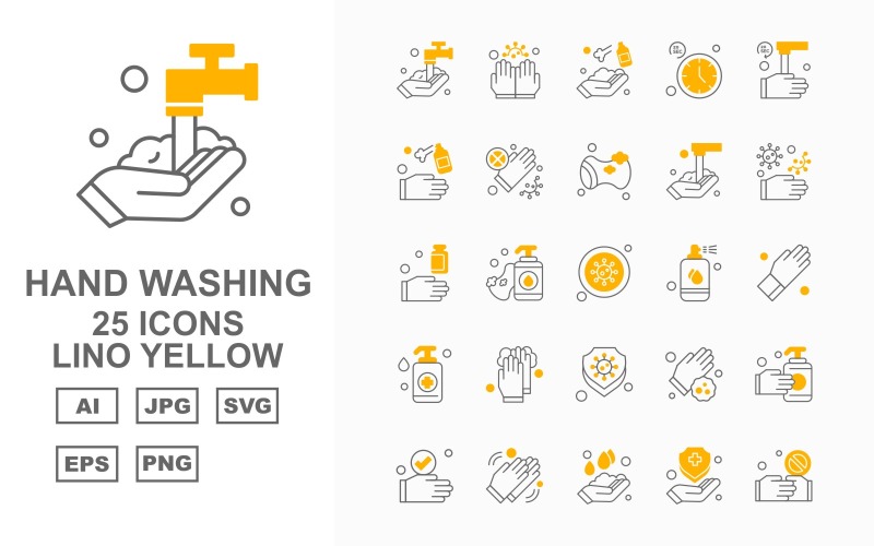 Download Набор иконок "25 Premium Hand Washing Lino Yellow Iconset" / 25 Premium Hand Washing Lino Yellow Iconset - Набор иконок на тему industrial washing,clean,sponge,hand washing,gloves,shield,handshake,cleaning,clock,industrial,soap,sanitizer spray,virus,spray,icon,icons