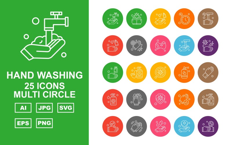 Download Набор иконок "25 Premium Hand Washing Multi Circle Iconset" / 25 Premium Hand Washing Multi Circle Iconset - Набор иконок на тему industrial washing,clean,sponge,hand washing,gloves,shield,handshake,cleaning,clock,industrial,soap,sanitizer spray,virus,spray,icon,icons