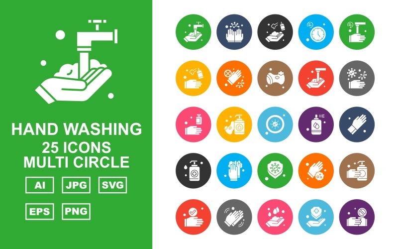 Download Набор иконок "25 Premium Hand Washing Multi Circle Iconset" / 25 Premium Hand Washing Multi Circle Iconset - Набор иконок на тему industrial washing,clean,sponge,hand washing,gloves,shield,handshake,cleaning,clock,industrial,soap,sanitizer spray,virus,spray,icon,icons