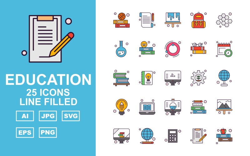 25 set di icone riempito di linea Premium Education