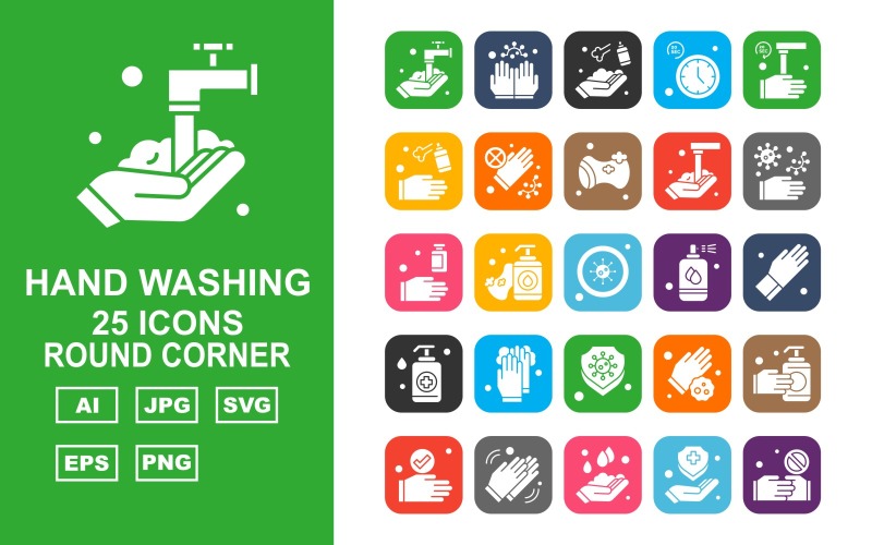 25 Zestaw ikon Premium do mycia rąk z okrągłymi narożnikami