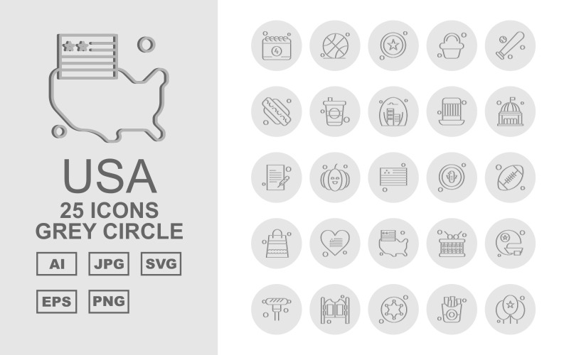 25 Conjunto de iconos de círculo gris premium de EE. UU.