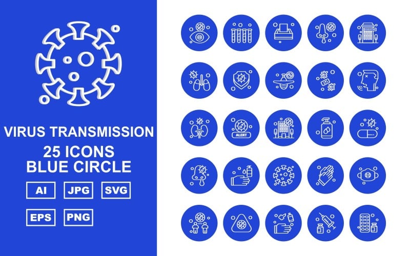 25 Ensemble d'icônes Premium Virus Transmission Blue Circle