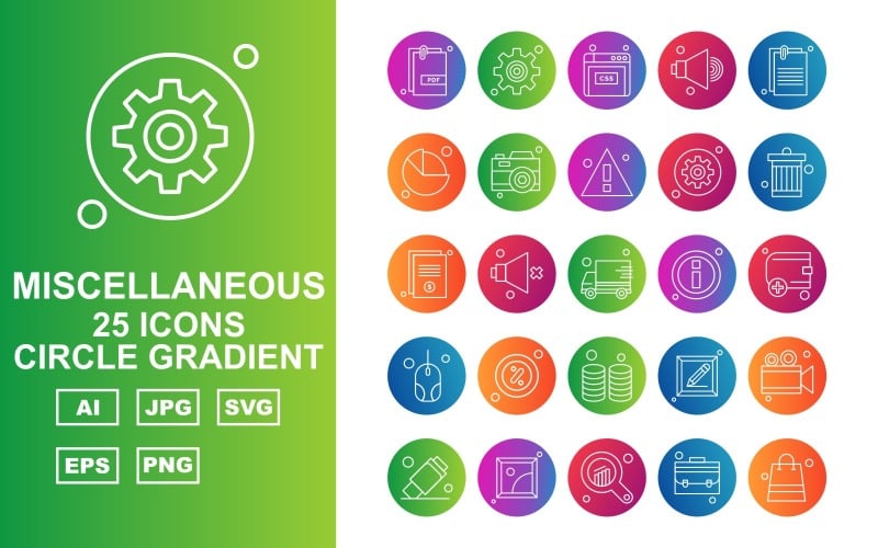 Download Набор иконок "25 Premium Miscellaneous Circle Gradient Iconset" / 25 Premium Miscellaneous Circle Gradient Iconset - Набор иконок на тему data speaker,miscellaneous,camera,usb,gallery,analytics,briefcase,bag,setting,website,document,pie,alert,photo,recycle,delivery,information,wallet,mouse,coin
