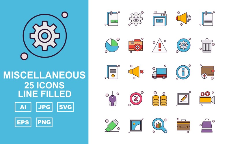 Download Набор иконок "25 Premium Miscellaneous Line Filled Iconset" / 25 Premium Miscellaneous Line Filled Iconset - Набор иконок на тему data speaker,miscellaneous,camera,usb,gallery,analytics,briefcase,bag,setting,website,document,pie,alert,photo,recycle,delivery,information,wallet,mouse,coin