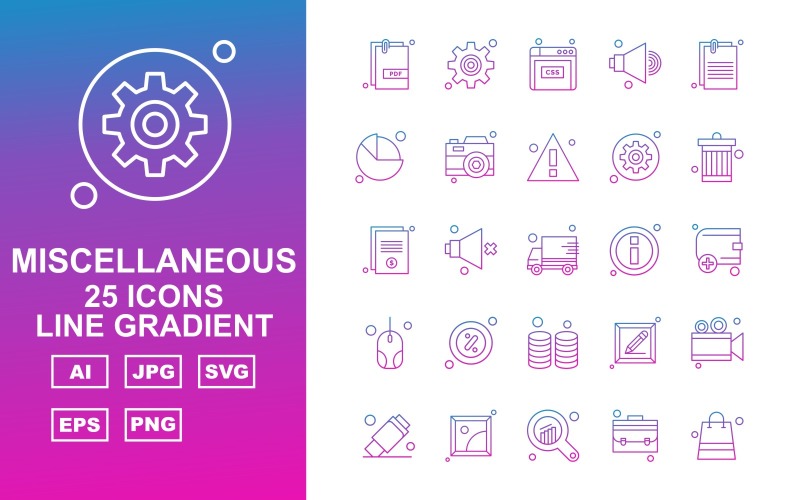 Download Набор иконок "25 Premium Miscellaneous Line Gradient Iconset" / 25 Premium Miscellaneous Line Gradient Iconset - Набор иконок на тему data speaker,miscellaneous,camera,usb,gallery,analytics,briefcase,bag,setting,website,document,pie,alert,photo,recycle,delivery,information,wallet,mouse,coin