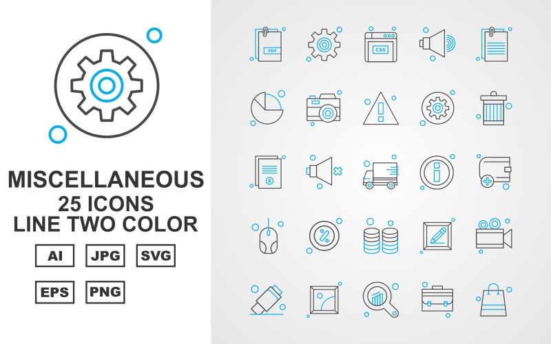 Download Набор иконок "25 Premium Miscellaneous Line Two Color Iconset" / 25 Premium Miscellaneous Line Two Color Iconset - Набор иконок на тему data speaker,miscellaneous,camera,usb,gallery,analytics,briefcase,bag,setting,website,document,pie,alert,photo,recycle,delivery,information,wallet,mouse,coin