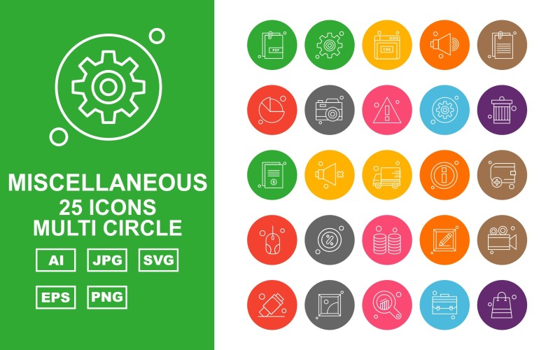 Download Набор иконок "25 Premium Miscellaneous Multi Circle Iconset" / 25 Premium Miscellaneous Multi Circle Iconset - Набор иконок на тему data speaker,miscellaneous,camera,usb,gallery,analytics,briefcase,bag,setting,website,document,pie,alert,photo,recycle,delivery,information,wallet,mouse,coin
