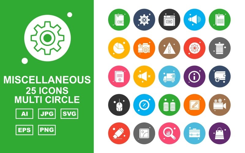 Download Набор иконок "25 Premium Miscellaneous Multi Circle Iconset" / 25 Premium Miscellaneous Multi Circle Iconset - Набор иконок на тему data speaker,miscellaneous,camera,usb,gallery,analytics,briefcase,bag,setting,website,document,pie,alert,photo,recycle,delivery,information,wallet,mouse,coin