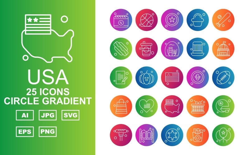Download Набор иконок "25 Premium USA Circle Gradient Iconset" / 25 Premium USA Circle Gradient Iconset - Набор иконок на тему food calendar,pumpkin,drum,helmet,sport,door,star,fries,balloon,ball,hotdog,baseball,cupcake,fast,cap,washington,document,flag,bird,rugby