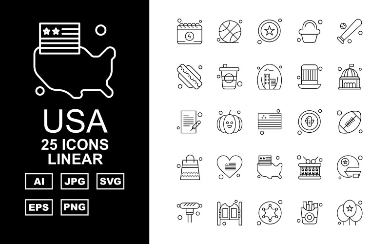 Download Набор иконок "25 Premium USA Linear Iconset" / 25 Premium USA Linear Iconset - Набор иконок на тему food calendar,pumpkin,drum,helmet,sport,door,star,fries,balloon,ball,hotdog,baseball,cupcake,fast,cap,washington,document,flag,bird,rugby