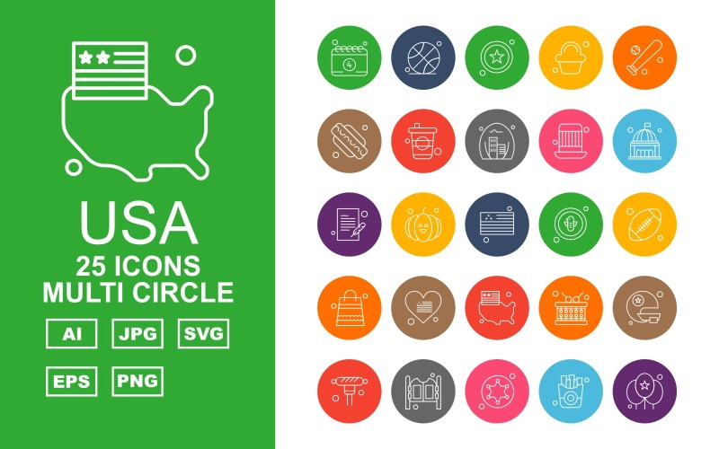 Download Набор иконок "25 Premium USA Multi Circle Iconset" / 25 Premium USA Multi Circle Iconset - Набор иконок на тему food calendar,pumpkin,drum,helmet,sport,door,star,fries,balloon,ball,hotdog,baseball,cupcake,fast,cap,washington,document,flag,bird,rugby