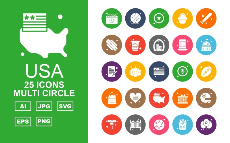 Download Набор иконок "25 Premium USA Multi Circle Iconset" / 25 Premium USA Multi Circle Iconset - Набор иконок на тему food calendar,pumpkin,drum,helmet,sport,door,star,fries,balloon,ball,hotdog,baseball,cupcake,fast,cap,washington,document,flag,bird,rugby