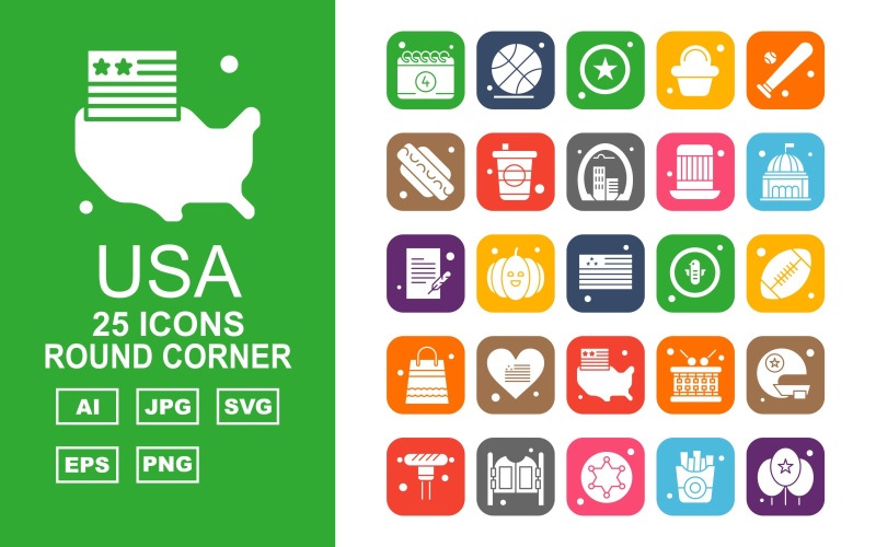 Download Набор иконок "25 Premium USA Round Corner Iconset" / 25 Premium USA Round Corner Iconset - Набор иконок на тему food calendar,pumpkin,drum,helmet,sport,door,star,fries,balloon,ball,hotdog,baseball,cupcake,fast,cap,washington,document,flag,bird,rugby