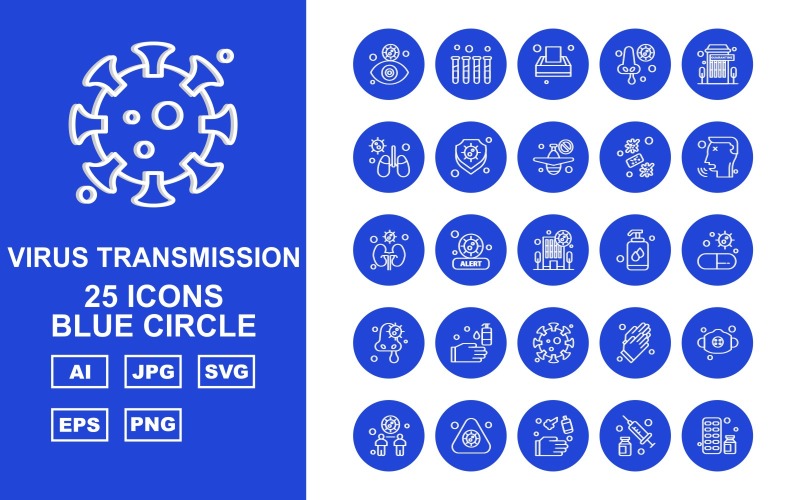 Download Набор иконок "25 Premium Virus Transmission Blue Circle Iconset" / 25 Premium Virus Transmission Blue Circle Iconset - Набор иконок на тему medical eye,health,alert,gloves,mask,distancing,injection,medicine,test tube,tissue,nose,building,kidney,shield,airplane,virus,patient,liquid,washing hand,coronavirus