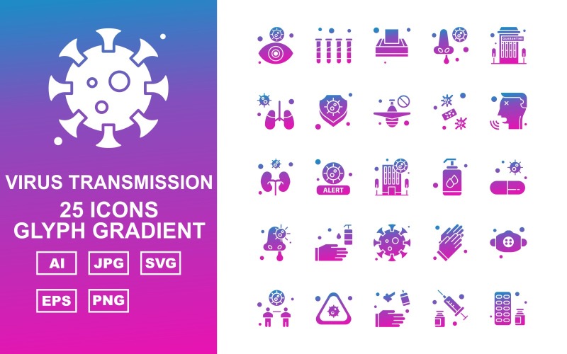 Download Набор иконок "25 Premium Virus Transmission Glyph Gradient Iconset" / 25 Premium Virus Transmission Glyph Gradient Iconset - Набор иконок на тему medical eye,health,alert,gloves,mask,distancing,injection,medicine,test tube,tissue,nose,building,kidney,shield,airplane,virus,patient,liquid,washing hand,coronavirus