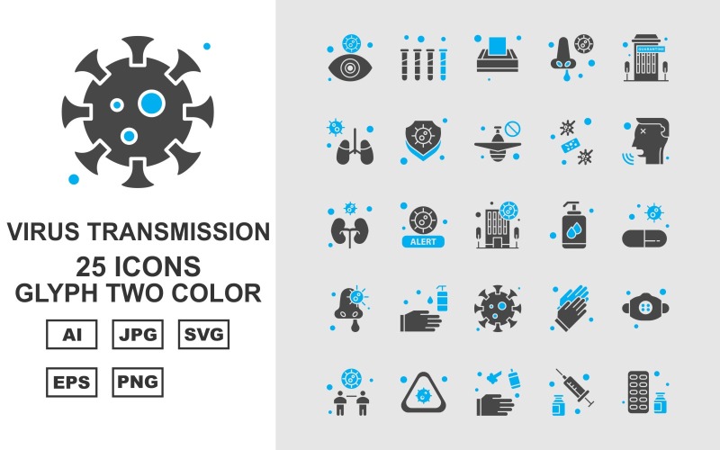 Download Набор иконок "25 Premium Virus Transmission Glyph Two Color Iconset" / 25 Premium Virus Transmission Glyph Two Color Iconset - Набор иконок на тему medical eye,health,alert,gloves,mask,distancing,injection,medicine,test tube,tissue,nose,building,kidney,shield,airplane,virus,patient,liquid,washing hand,coronavirus
