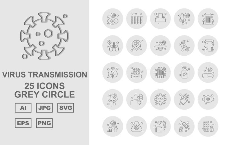 Download Набор иконок "25 Premium Virus Transmission Grey Circle Iconset" / 25 Premium Virus Transmission Grey Circle Iconset - Набор иконок на тему medical eye,health,alert,gloves,mask,distancing,injection,medicine,test tube,tissue,nose,building,kidney,shield,airplane,virus,patient,liquid,washing hand,coronavirus