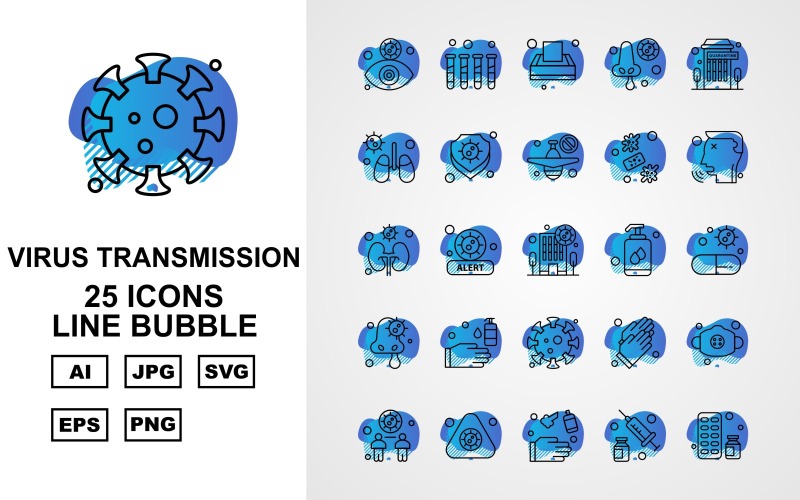 Download Набор иконок "25 Premium Virus Transmission Line Bubble Iconset" / 25 Premium Virus Transmission Line Bubble Iconset - Набор иконок на тему medical eye,health,alert,gloves,mask,distancing,injection,medicine,test tube,tissue,nose,building,kidney,shield,airplane,virus,patient,liquid,washing hand,coronavirus